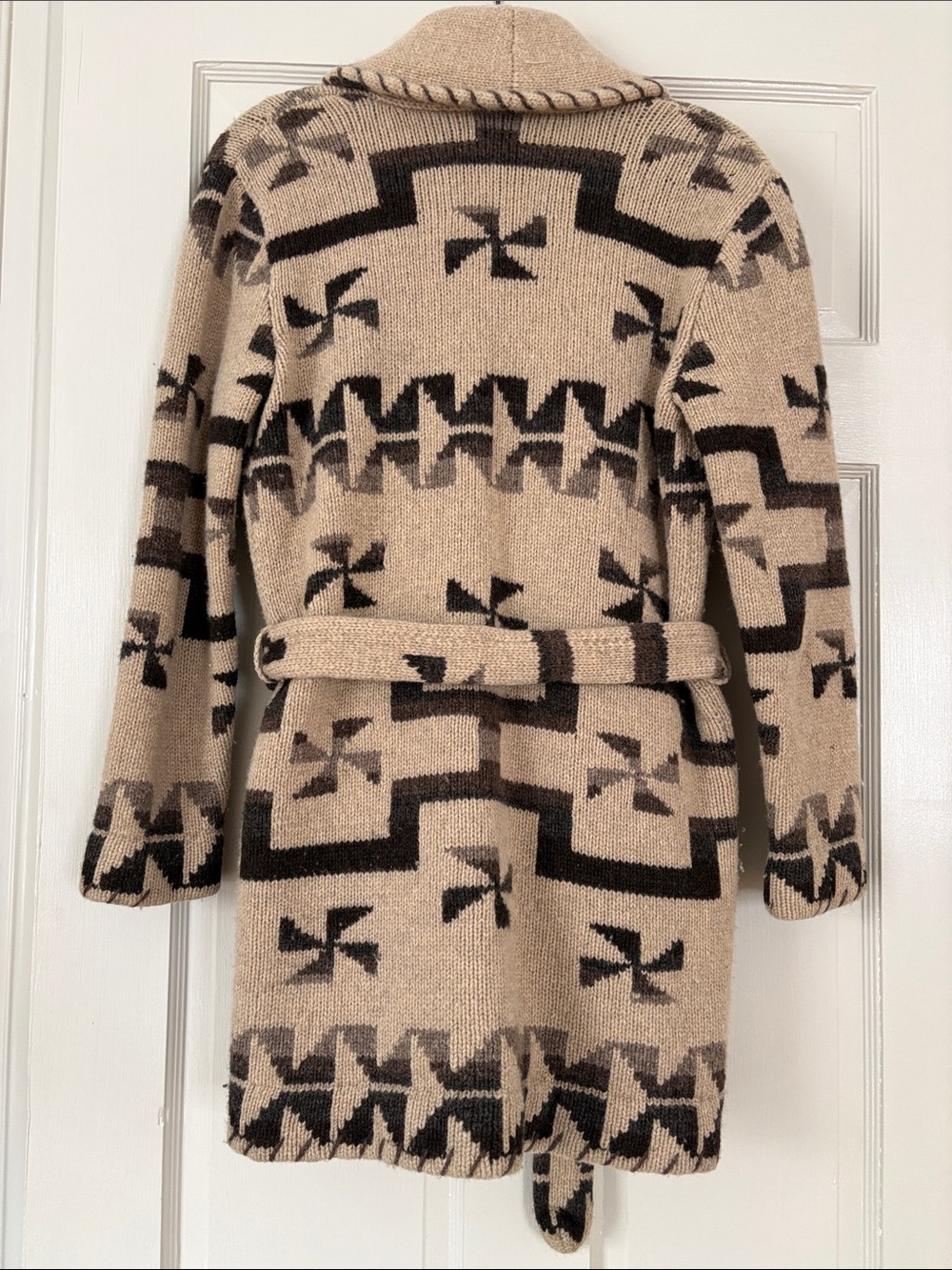 Vintage Ralph Lauren Beige and Brown Shawl-Collar Patterned Cardigan (XS) - Picture 3 of 4